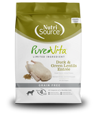 NutriSource Purevita Duck & Green Lentils Entree Dry Dog Food front of bag.
