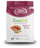 NutriSource PureVita Salmon & Potato Entree Dry Dog Food front of bag.