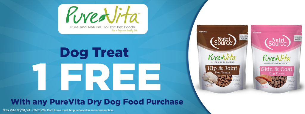 Free PureVita Dog Treat with any PureVita Dry Dog Food Purchase.