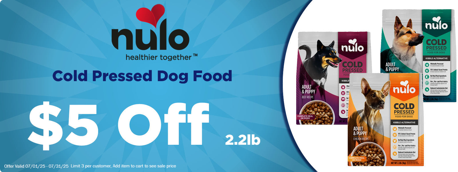 $5 Off Nulo Cold Pressed Dry Dog Food 2lb Bags