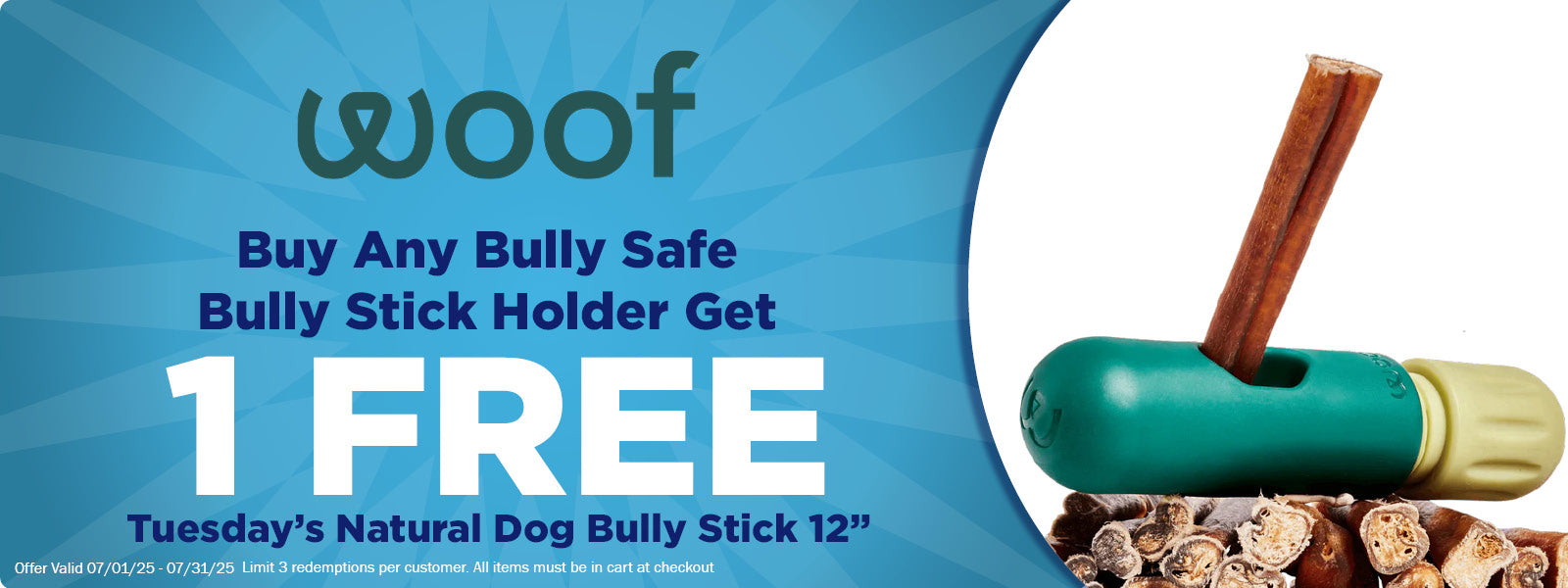 Free 12" Bully Stick with any Woof BullySafe Dog Toy
