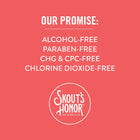 Brand promise of alcohol-free, paraben free, chg & cpc-free and chlorine dioxide-free on Skout's Honor Oral Care Oral Gel 