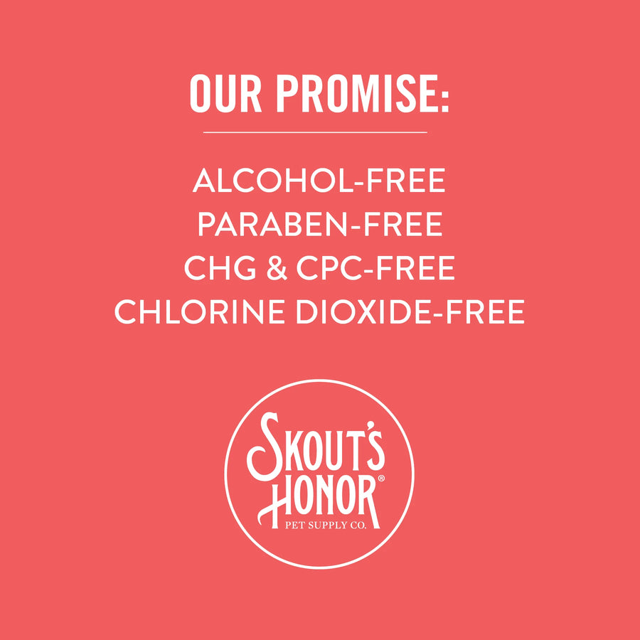 Brand promise of alcohol-free, paraben free, chg & cpc-free and chlorine dioxide-free on Skout's Honor Oral Care Oral Gel 