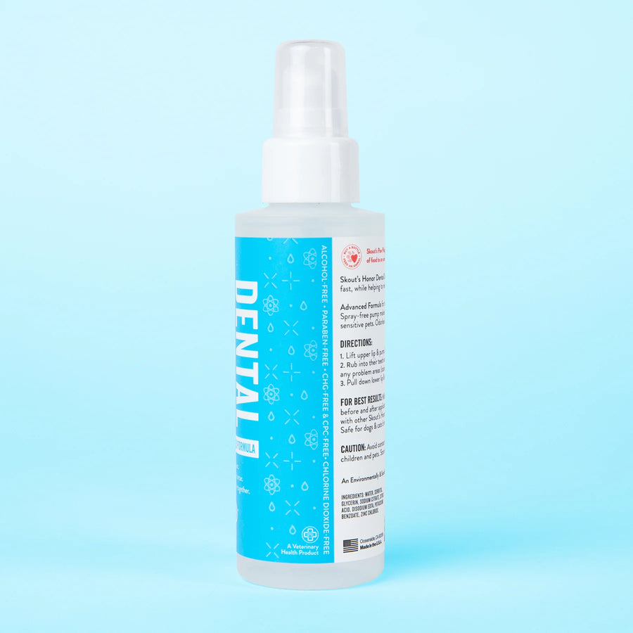 Side View of bottle of Skout's Honor Oral Care Advanced Dental Drops for Pets 4oz
