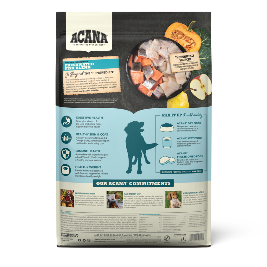 ACANA Freshwater Fish Formula Grain Free Dry Dog Food back of bag.