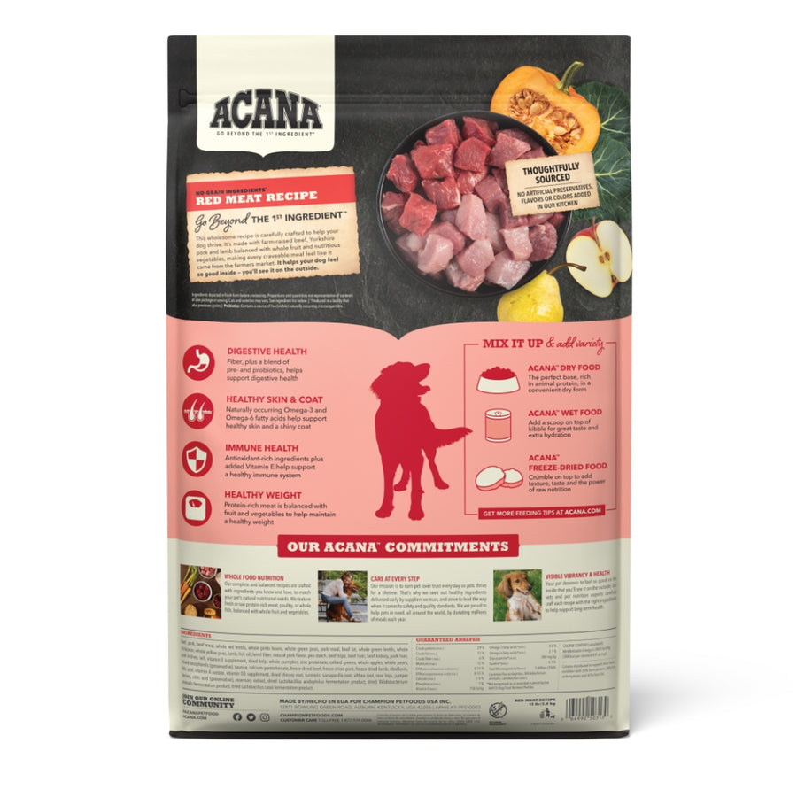 ACANA Red Meat Formula Grain Free Dry Dog Food back of bag.