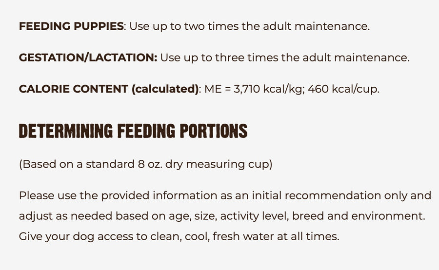 Additional feeding guidelines for RAWZ Meal Free Chicken Recipe Dry Dog Food.