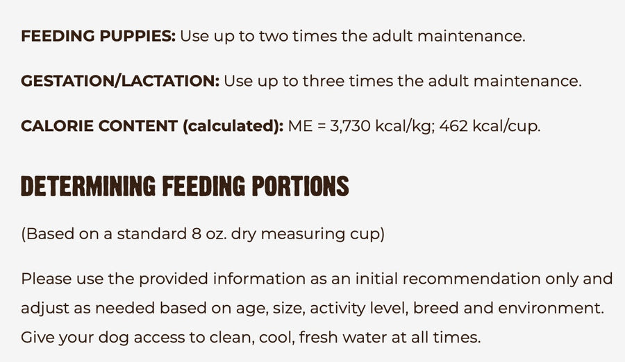 Additional feeding guidelines for RAWZ Meal Free Fish Recipe Dry Dog Food.