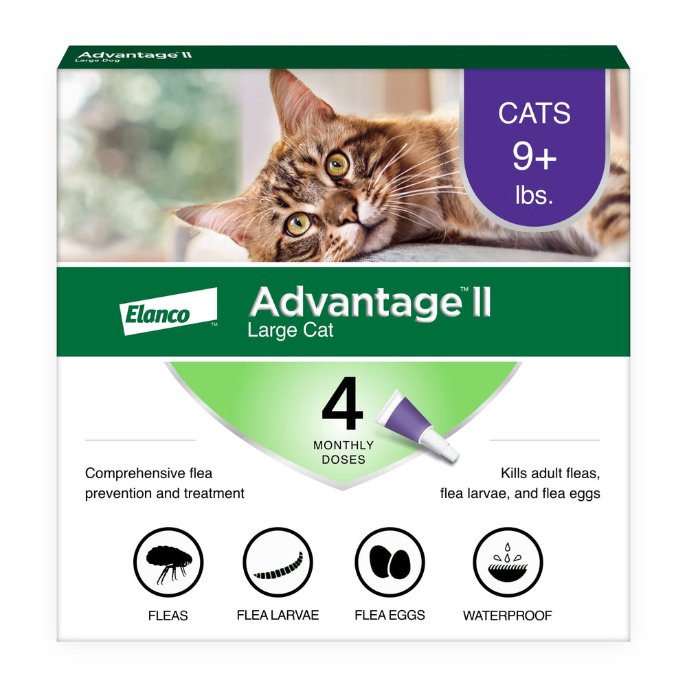 Advantage II Flea Spot Treatment for Large Cats, 9lbs+ for Large Cat, kills fleas, eggs, and larvae. Includes 4 monthly doses and is waterproof