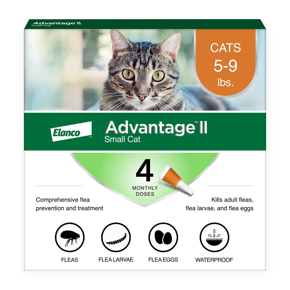 Advantage II Flea Spot Treatment for Small Cats, 5-9lbs, kills fleas, eggs, and larvae. Includes 4 monthly doses and is waterproof