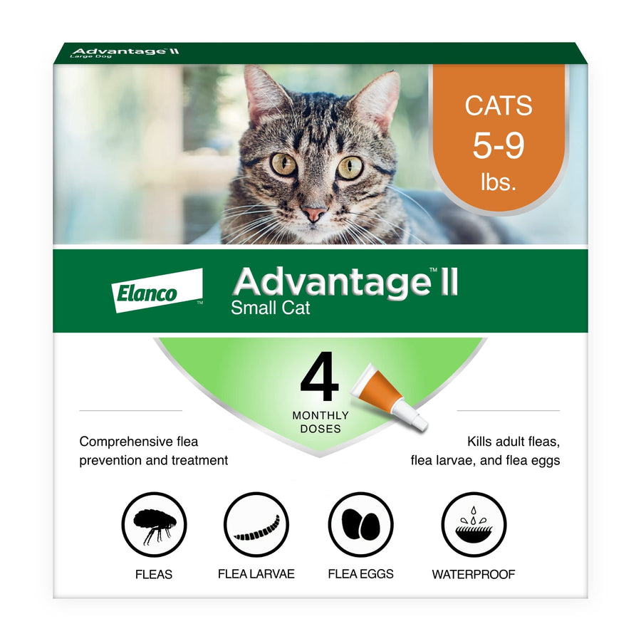 Advantage II Flea Spot Treatment for Small Cats, 5-9lbs, kills fleas, eggs, and larvae. Includes 4 monthly doses and is waterproof