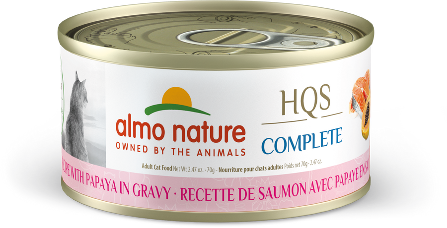 Almo Nature Complete Salmon Recipe with Papaya in Gravy Canned Cat Food 70g, Front of Can