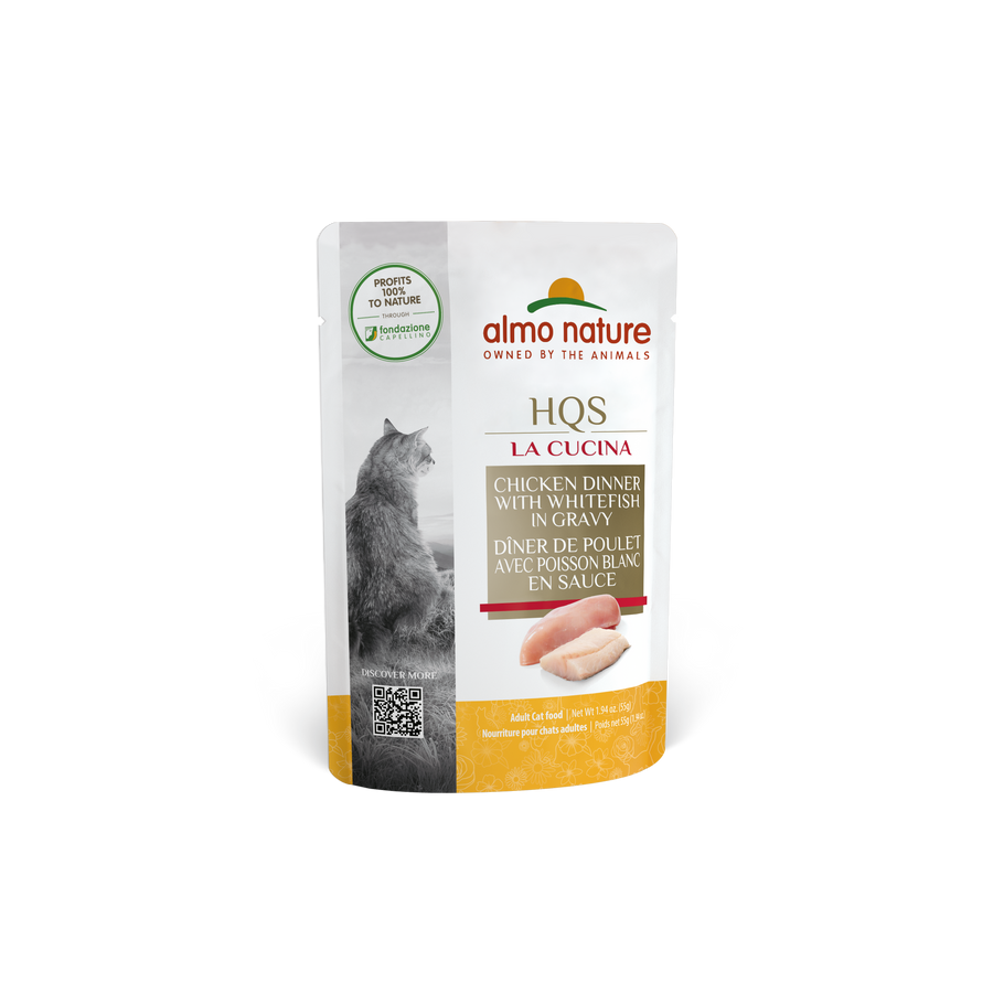 Almo Nature La Cucina Chicken & Whitefish Cat Food Pouch 55g, Front Pouch