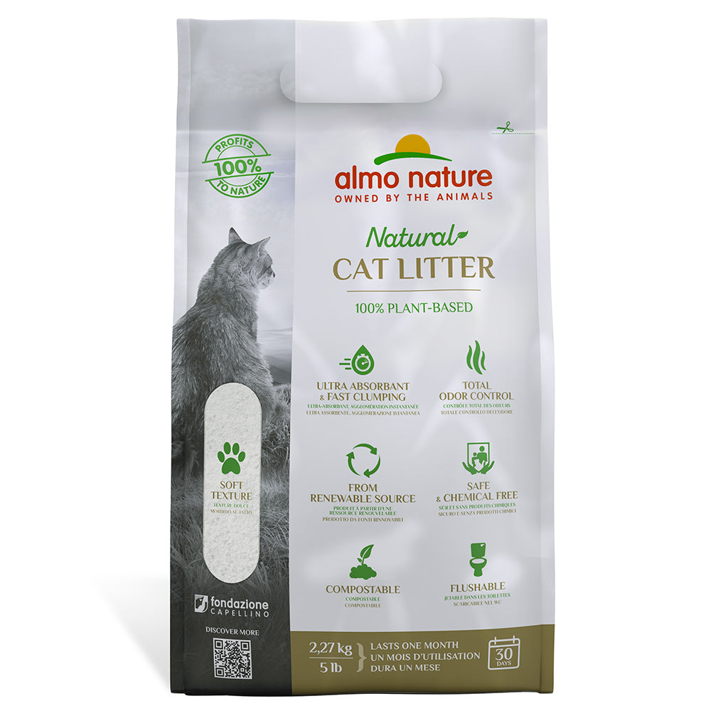 100% plant based. Soft texture. Ultra absorbent and fast clumping. 5 pound bag. Almo Nature Natural Cat Litter.