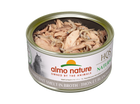 Almo Nature Natural Tuna & Whitebait Smelt Canned Cat Food 2.47oz, opened can showing tuna chunks and whitebait pieces