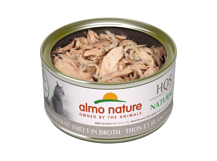 Almo Nature Natural Tuna & Whitebait Smelt Canned Cat Food 2.47oz, opened can showing tuna chunks and whitebait pieces