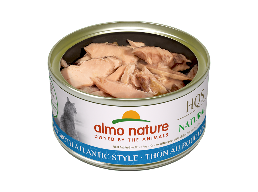 Almo Nature Natural Tuna in Broth Atlantic Style Canned Cat Food 70g Opened Can showing tuna chunks