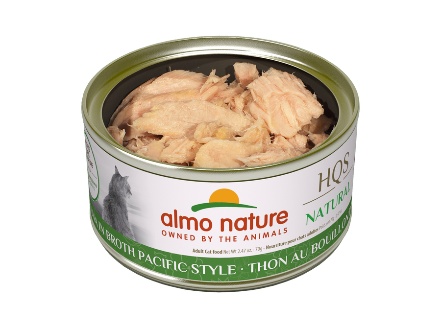 Almo Nature Natural Tuna in Broth Pacific Style Canned Cat Food 2.47oz, opened can showing tuna chunks
