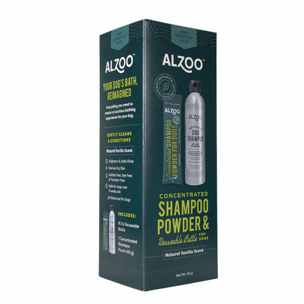 Front of box of Alzoo Concentrated Powder Shampoo Powder & Reusable Bottle for Dogs