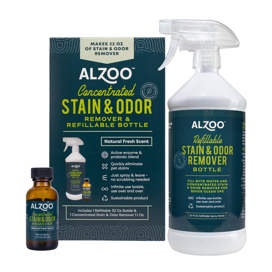 Alzoo Concentrated Stain & Odor Remover Kit Includes 1 refillable 32 oz bottle &amp; 1 concentrated stain &amp; odor remover 1.1 oz