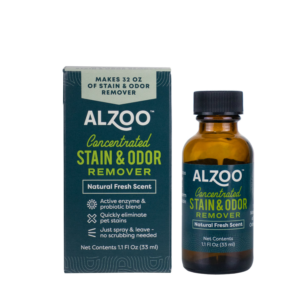 Box and bottle of Alzoo Concentrated Stain & Odor Remover Liquid Refill