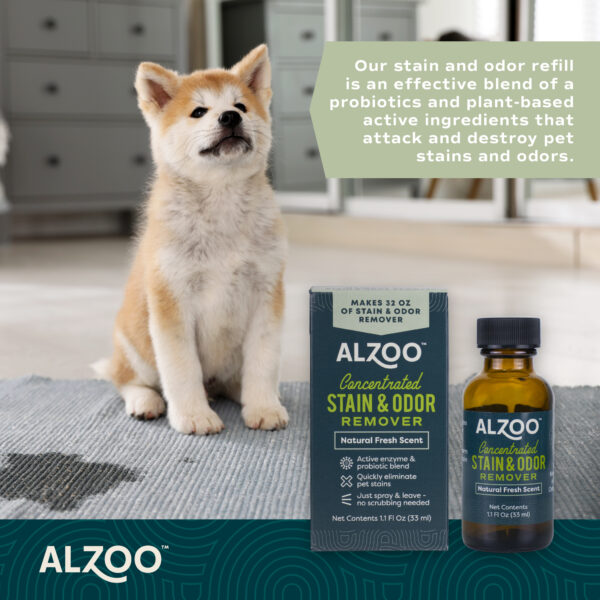 Alzoo Concentrated Stain and odor remover refill is an effective blend of a probiotics and plant-based active ingredients that attack and destroy pet stains and odor.