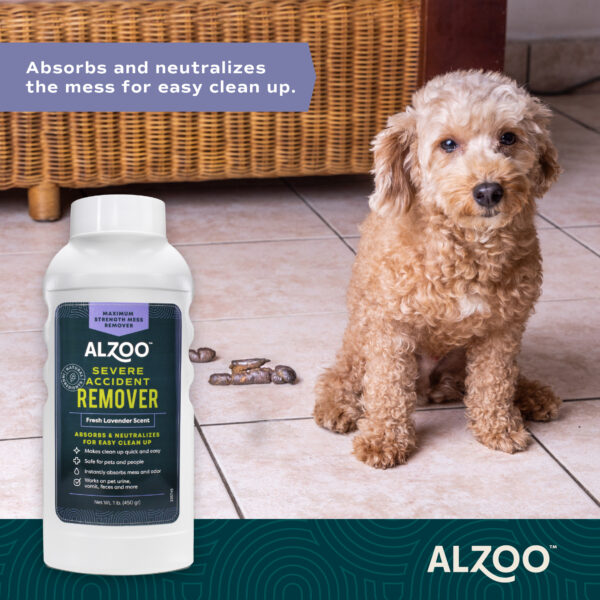 Alzoo Severe Accident Remover Fresh Lavender Scent absorbs and neutralizes the mess for easy clean up. 