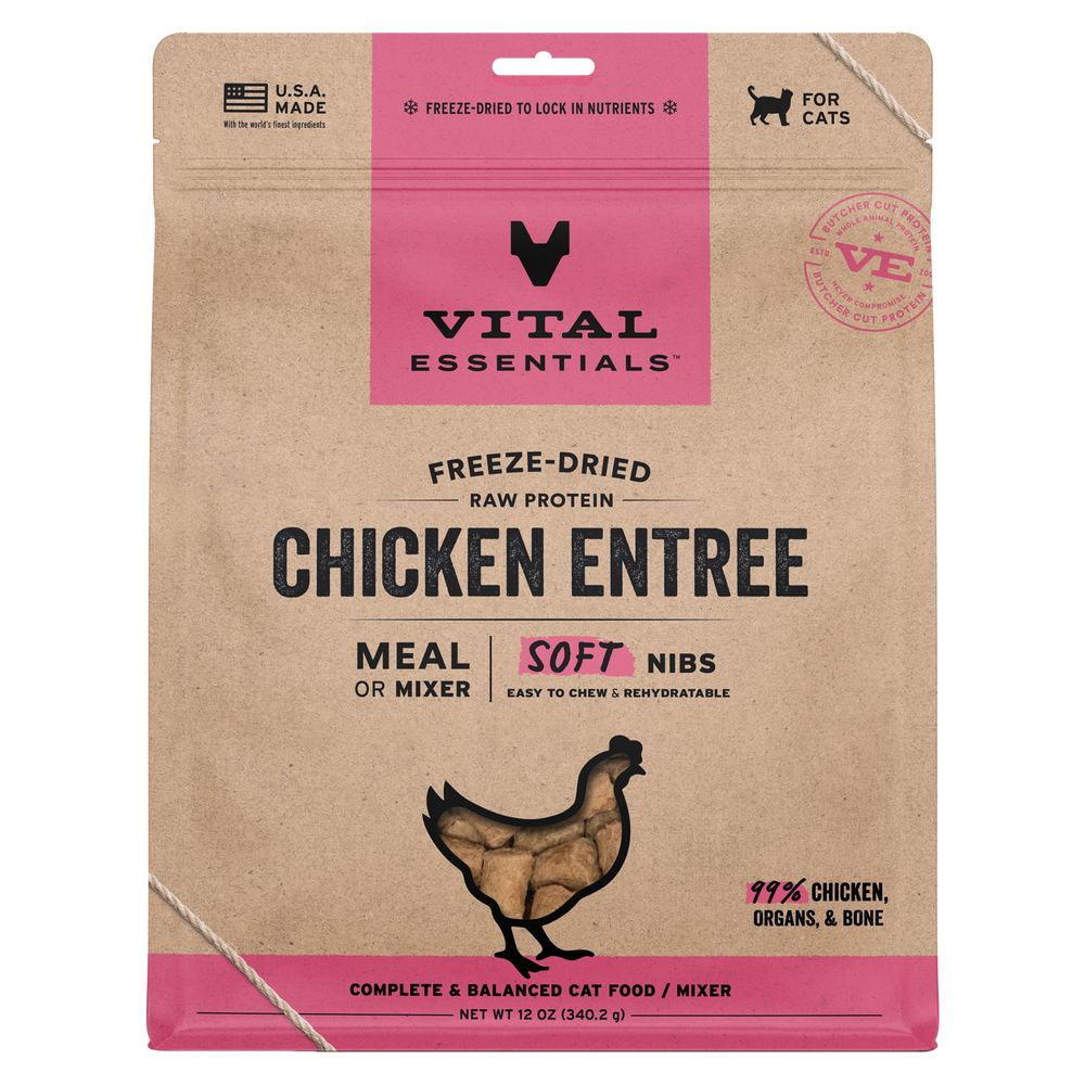 Front Packaging of Analysis, Ingredients and Caloric Content for Vital Essentials Freeze Dried Chicken Soft Nibs Cat Food 12 oz