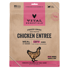 Front Packaging of Analysis, Ingredients and Caloric Content for Vital Essentials Freeze Dried Chicken Soft Nibs Cat Food 12 oz
