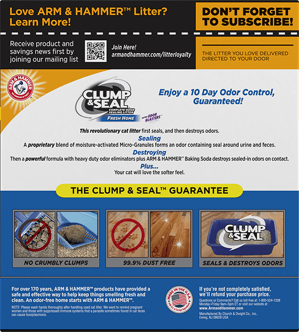 Back view of product box. 10 day odor control. Arm & Hammer Multi-Cat Easy Clean-Up Cat Litter.