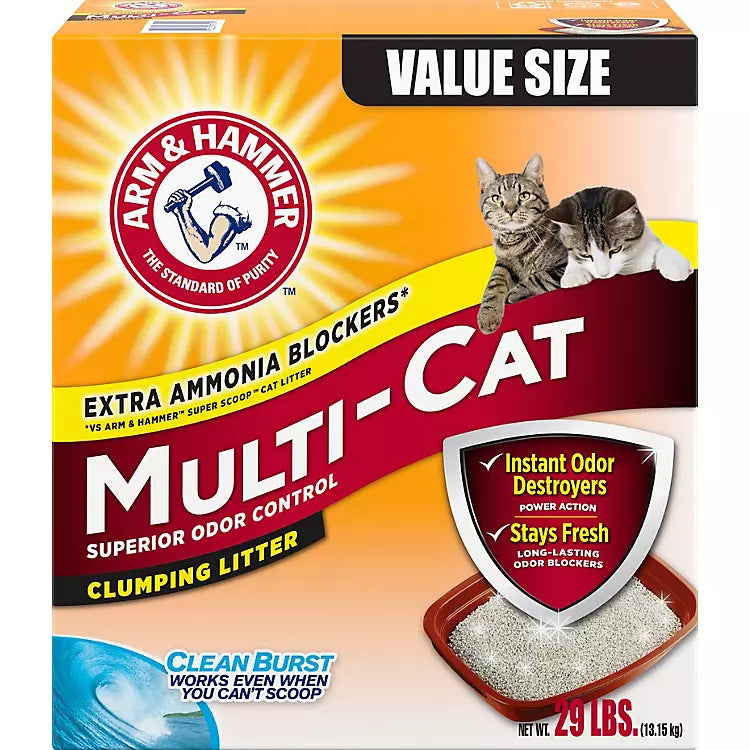 Front view of product box. Value size. Extra ammonia blockers. Arm & Hammer Multi Cat Clumping Litter Clean Burst Scent.