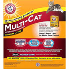 Back view of product box. Extra ammonia blockers. Arm & Hammer Multi Cat Clumping Litter Clean Burst Scent.