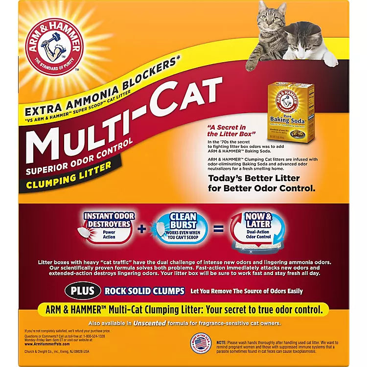 Back view of product box. Extra ammonia blockers. Arm & Hammer Multi Cat Clumping Litter Clean Burst Scent.