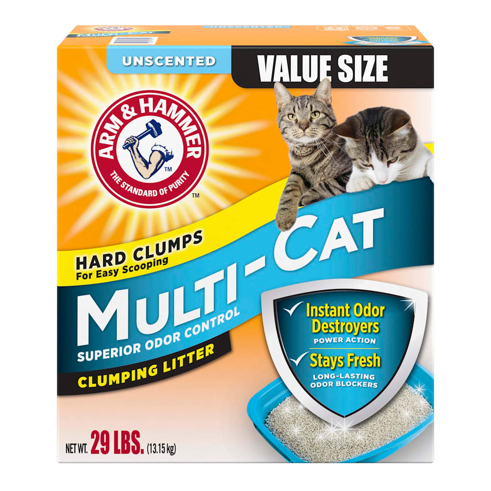 Unscented. Value size. Hard clumps, for easy scooping. Superior odor control. Clumping Litter. Arm & Hammer Multi Cat Clumping Unscented Cat Litter.