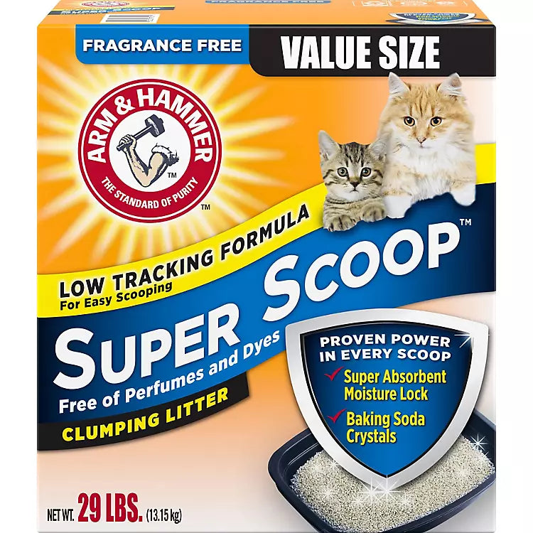 Fragrance free. Value size. Low tracking formula, for easy scooping. Free of perfumes and dyes. Clumping litter. Arm & Hammer Super Scoop Fragrance Free Cat Litter.