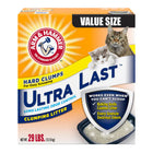 Front panel of product box. Value size. Hard clumps, for easy scooping. Ultra last long lasting odor control. Clumping litter. Arm & Hammer Ultra Last Clumping Cat Litter.