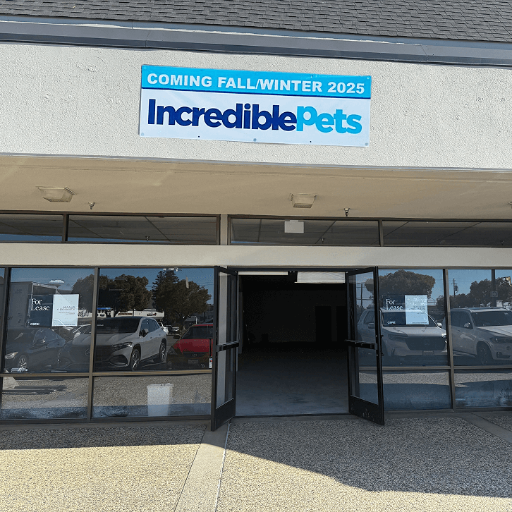 Incredible Pets store front with a sign indicating opening in Fall/Winter 2025.