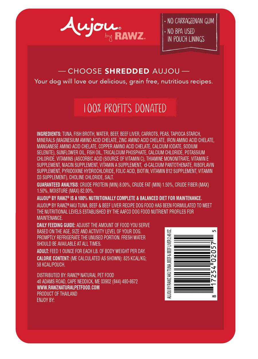Aujou Aku Tuna, Beef & Beef Liver Recipe Dog Food back of pouch.