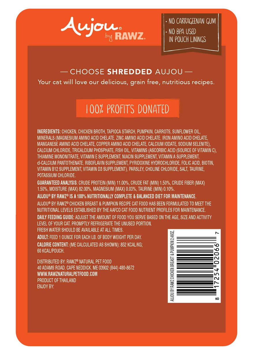 Aujou Chicken Breast & Pumpkin Recipe Cat Food back of pouch.