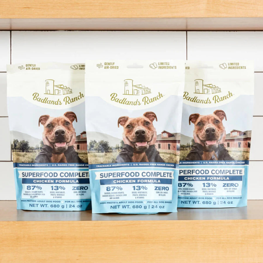 3 Pouches of Badlands Ranch Air-Dried Superfood Complete Chicken Formula Dog Food 24oz