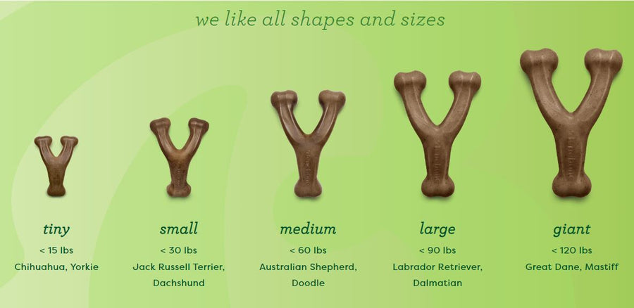 Benebone Wishbone Durable Chicken Flavor Dog Chew, all shapes and sizes and breed suggestion for each sizes