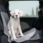 Bergan Auto Bucket Seat Protector on the seat a car, with a white puppy sitting on the seat.