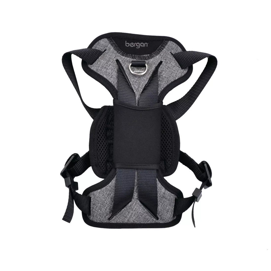 Grey and black harness laid out to show D ring attachment in center.