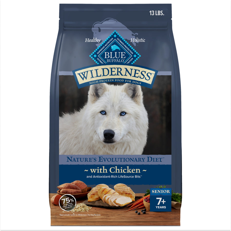 Front Bag of Blue Buffalo Wilderness Chicken High Protein Recipe Senior Dry Dog Food 13 lbs