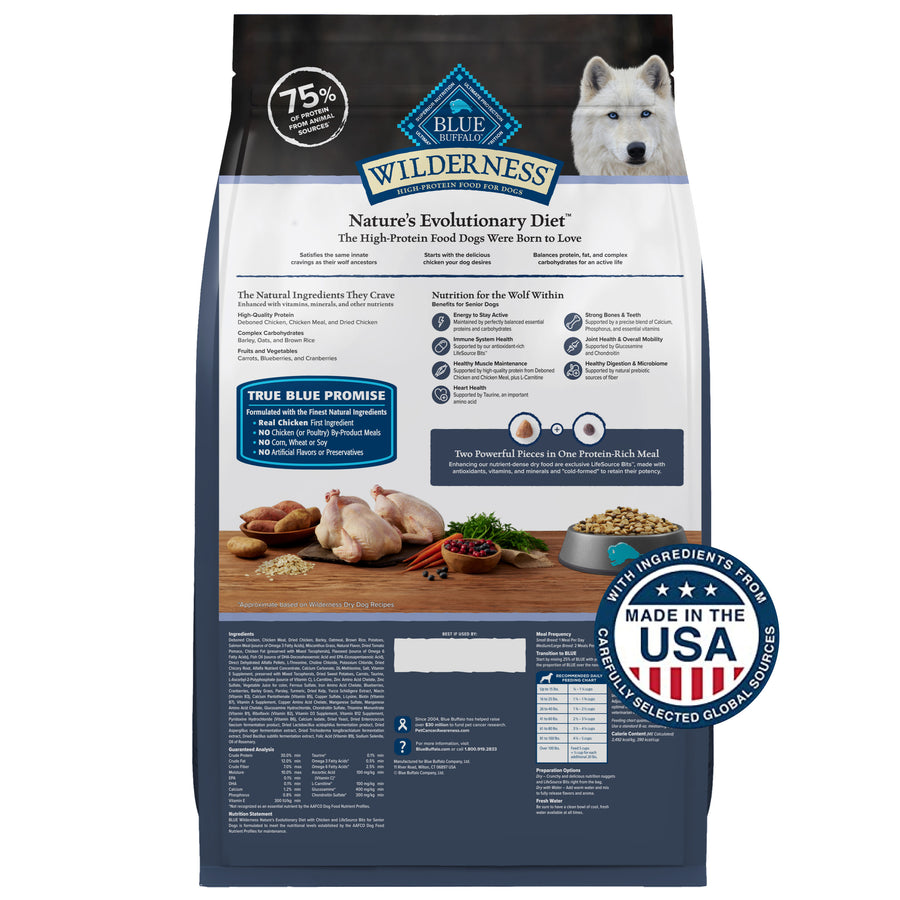 Back Bag of Blue Buffalo Wilderness Chicken High Protein Recipe Senior Dry Dog Food