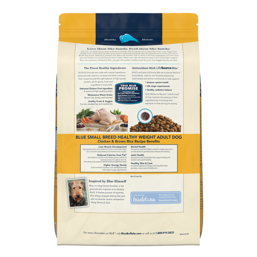 Back bag of Blue Buffalo Life Protection Healthy Weight Natural Chicken & Brown Rice Recipe Small Breed Adult Dry Dog Food 15 lbs