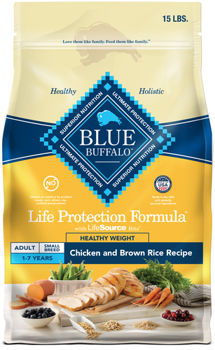 Front bag of Blue Buffalo Life Protection Healthy Weight Natural Chicken & Brown Rice Recipe Small Breed Adult Dry Dog Food 15lbs