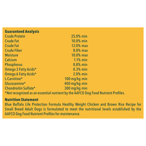 Nutrition Statement and Analysis of Blue Buffalo Life Protection Healthy Weight Natural Chicken & Brown Rice Recipe Small Breed Adult Dry Dog Food 5lbs