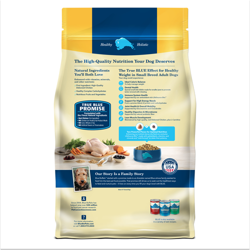 Back bag  of Blue Buffalo Life Protection Healthy Weight Natural Chicken & Brown Rice Recipe Small Breed Adult Dry Dog Food 5lbs
