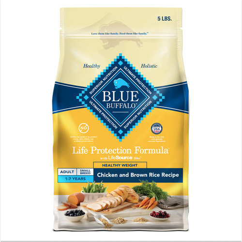 Front bag of Blue Buffalo Life Protection Healthy Weight Natural Chicken & Brown Rice Recipe Small Breed Adult Dry Dog Food 5lbs